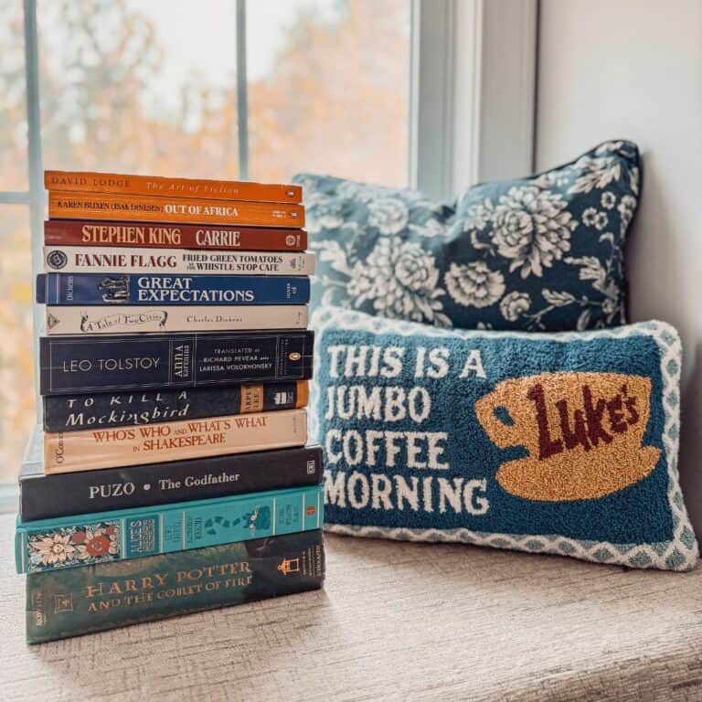 stack of books from season on of gilmore girls with a luke's diner pillow.