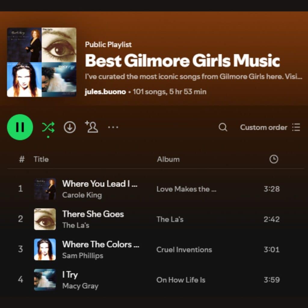 screenshot of the best gilmore girls music spotify playlist.