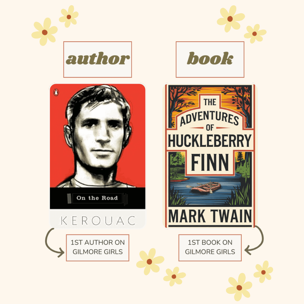Collage of the first author and book on Gilmore Girls colon on the road by Jack Kerouac and Adventures of Huckleberry Finn by Mark Twain.