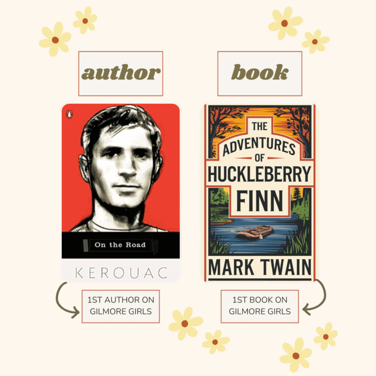 Collage of the first author and book on Gilmore Girls colon on the road by Jack Kerouac and Adventures of Huckleberry Finn by Mark Twain.