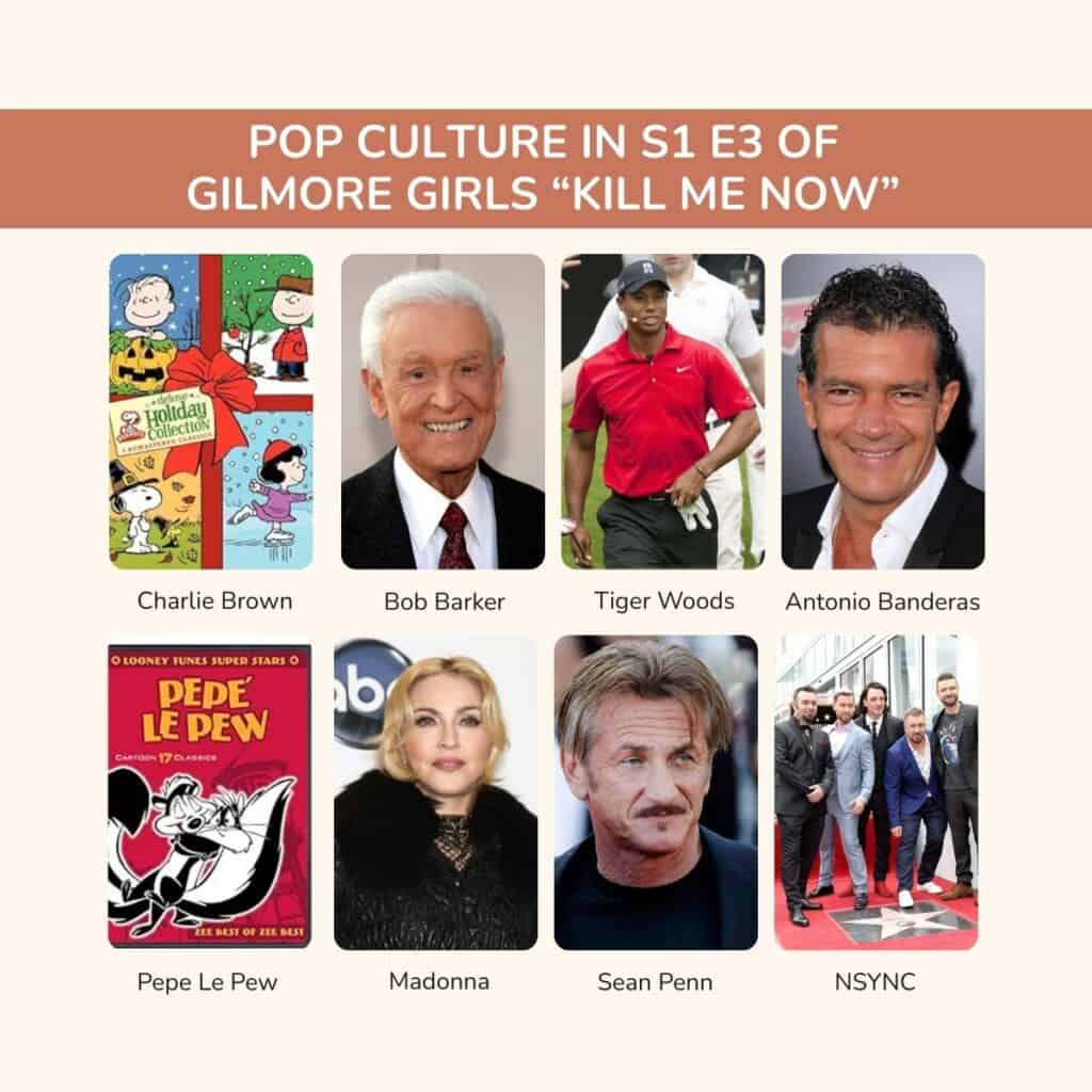 collage of pop culture references in season one, episode 3 of gilmoregirls "kill me now."