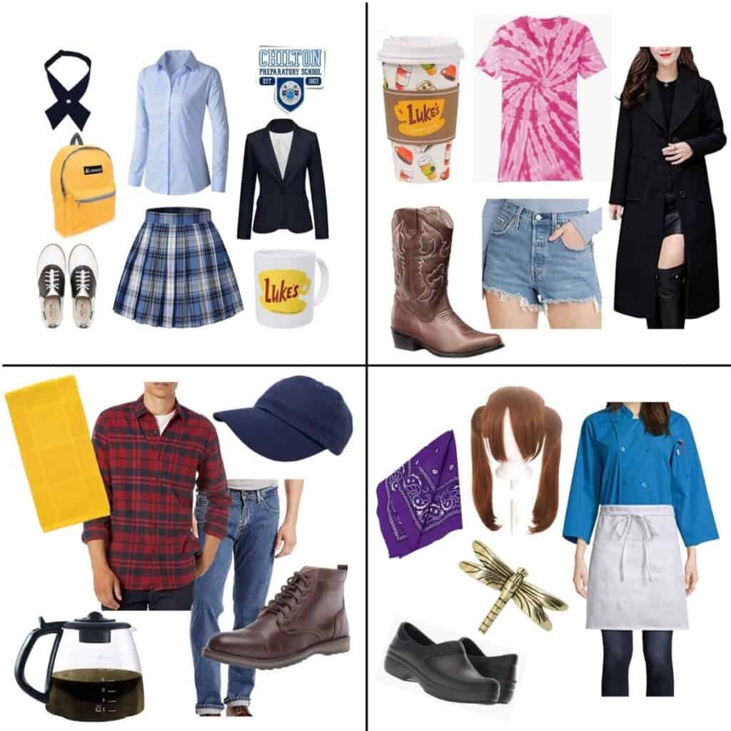 collage of gilmore girls costumes: rory gilmore, lorelai gilmore, luke danes, sookie st. james.