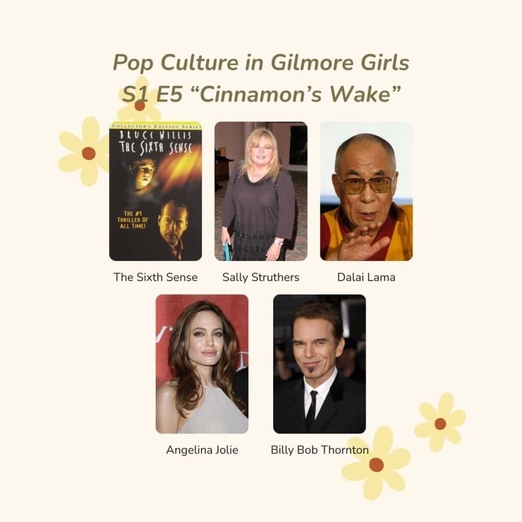 Collage of pop culture in Gilmore Girls season 1 episode 5 Cinnamon's wake: The Sixth Sense, Sally Struthers, the Dalai Lama, Angelina Jolie, Billy Bob Thornton.