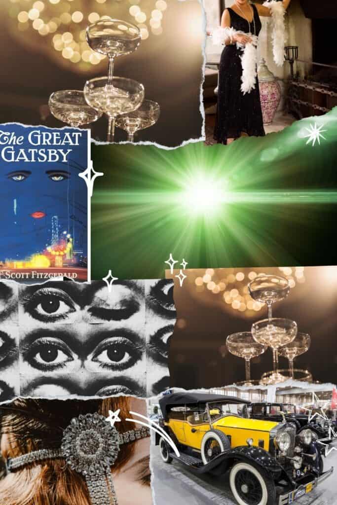 mood board collage of the great gatsby aesthetic.