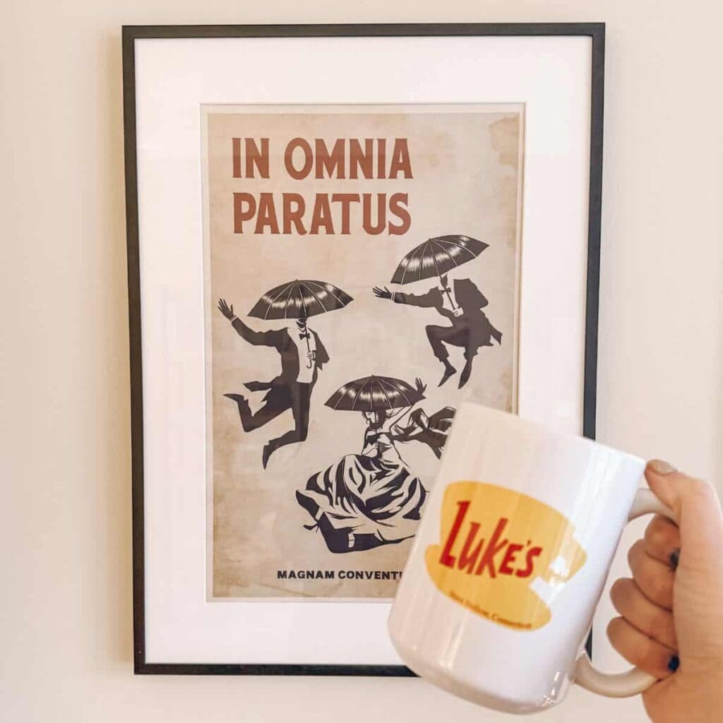 in omnia paratus poster and luke's diner mug.