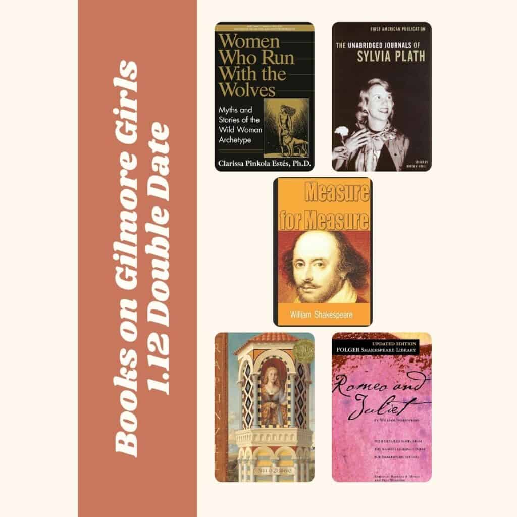 collage of books on gilmore girls season 1, episode 12 "double date."