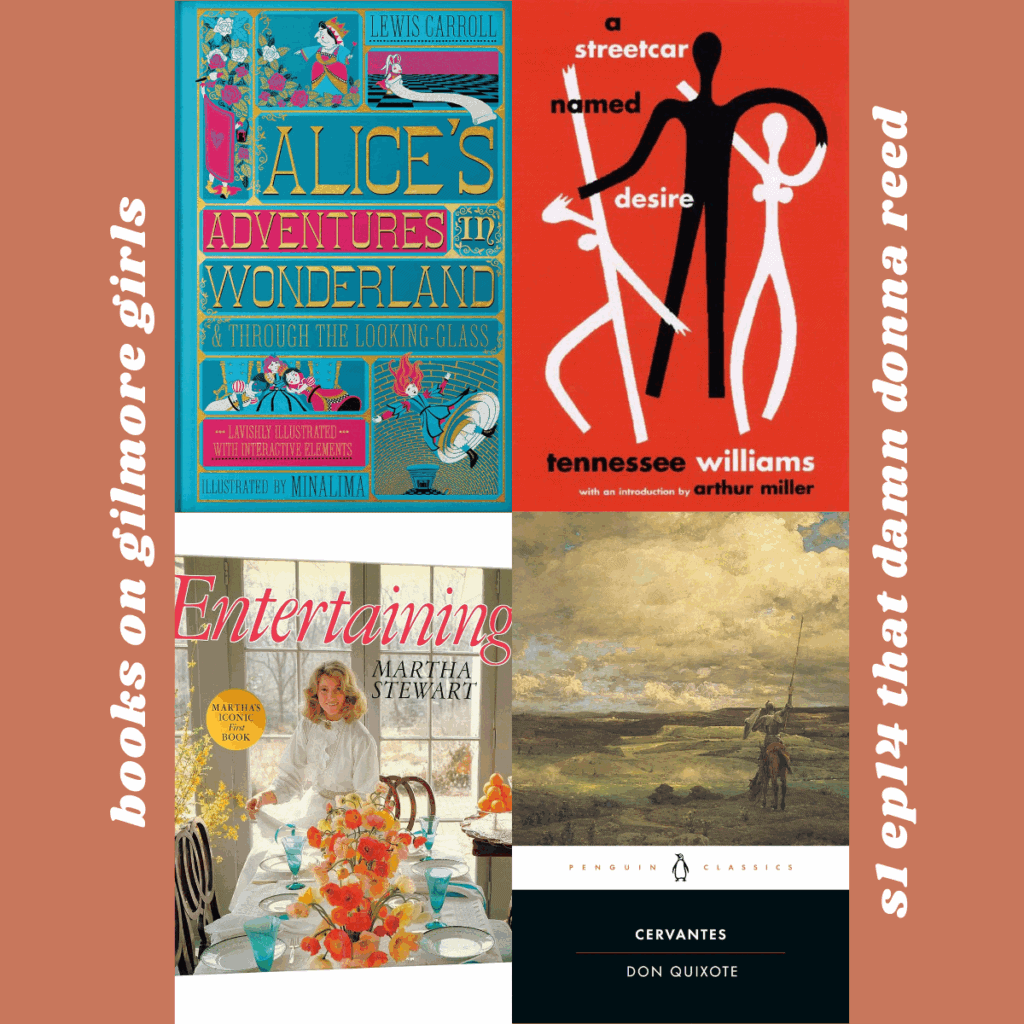 collage of books on gilmore girls s1 ep14 that damn donna reed.