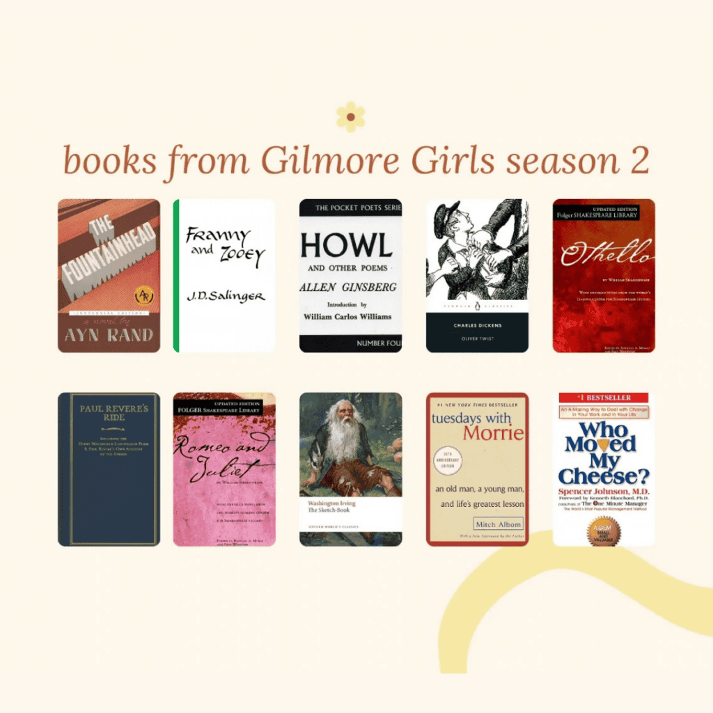 collage of books from season 2 of gilmore girls.